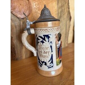 Vintage Small Hand-Painted Lidded German Beer Stein